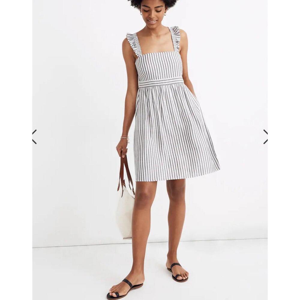 Madewell Grey/White Stripe Ruffle Strap Empire Waist Dress Sz 00 EUC